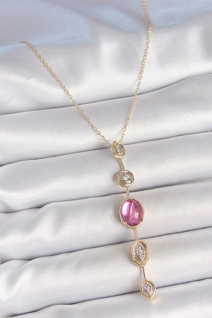 Pirinç Zincir Gold Renk Pembe Zirkon Taşlı Y Kolye