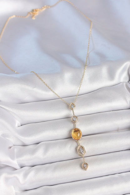 Pirinç Zincir Kehribar Sarı Gold Renk  Zirkon Taşlı Y Kolye