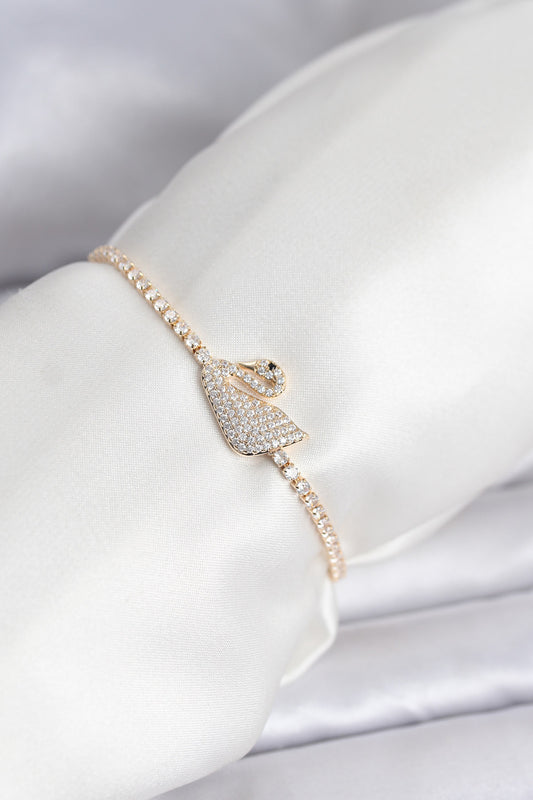 Kuğu Model Zirkon Taşlı Gold Renk Asansörlü Su Yolu Bileklik