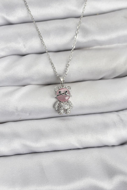316L Çelik Zincir Gümüş Renk Teddy Bear Model Zirkon Taşlı Kadın Kolye