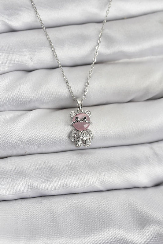 316L Çelik Zincir Gümüş Renk Teddy Bear Model Zirkon Taşlı Kadın Kolye