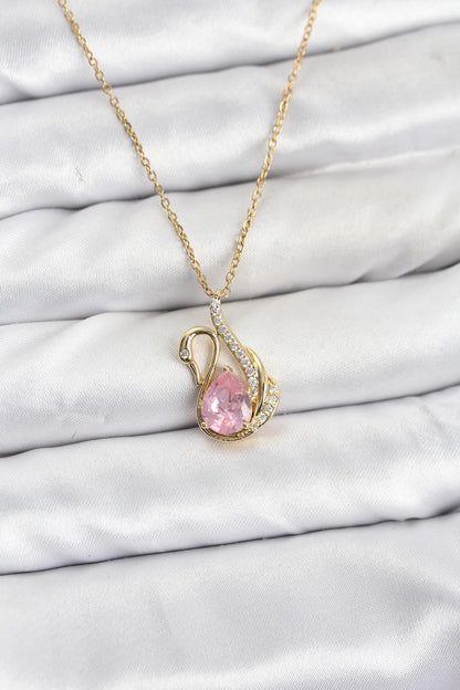 316L Çelik Zincir Gold Renk Pembe Kuğu Model Zirkon Taşlı Kadın Kolye