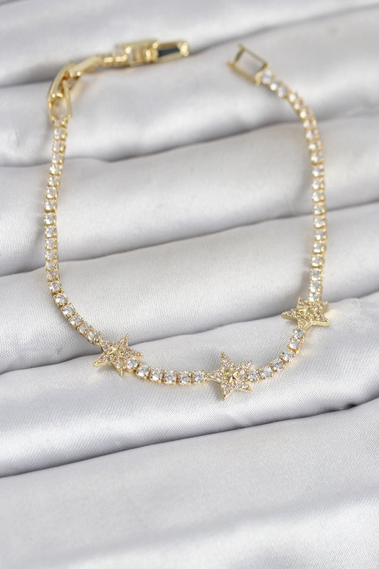 Pirinç Gold Renk Minimal Yıldız Model Zirkon Taşlı Su Yolu Kadın Bileklik
