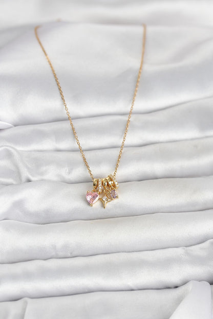 316L Çelik Gold Pembe Zirkon Taşlı Charmlı Kadın Kolye