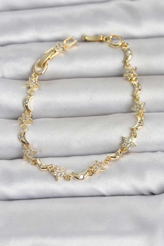 Pirinç Gold Renk Zirkon Taşlı Ay ve Yıldız Model Kadın Bileklik
