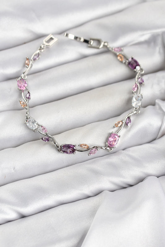 Pirinç Gümüş Renk Pembe ve Mor Zirkon Taşlı Çiçek Model Kadın Bileklik