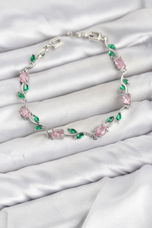 Pirinç Gümüş Renk Pembe Zirkon Taşlı Çiçek Model Kadın Bileklik
